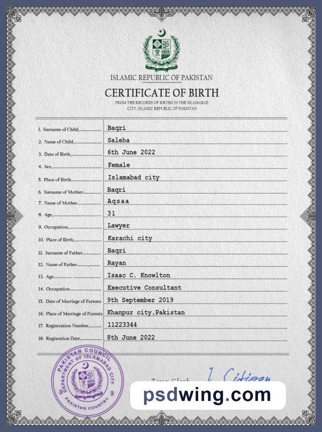 Pakistan Vital Record Birth Certificate PSD Template